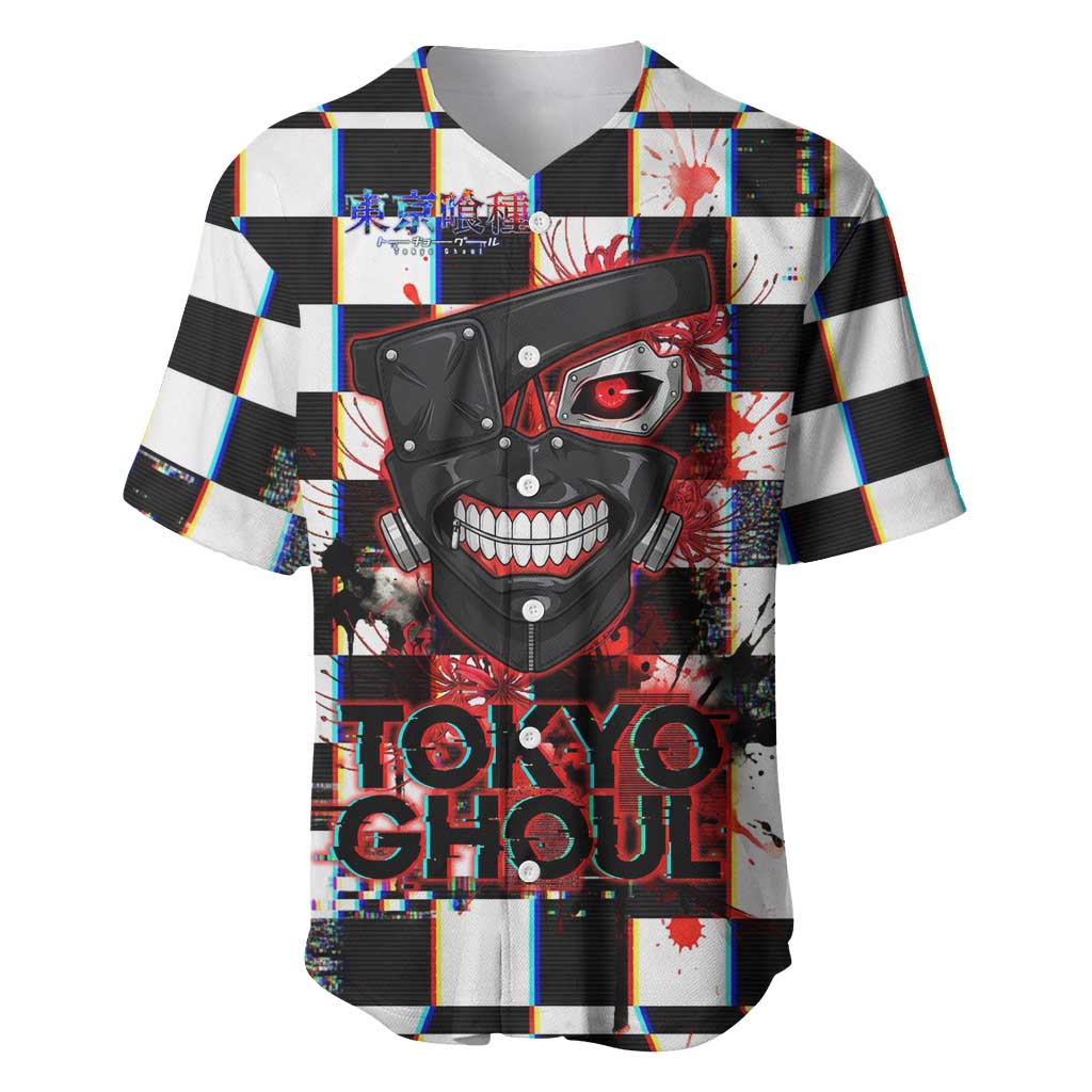 Tokyo Ghoul Kaneki Ken Baseball Jersey Glitchcore Anime Style with Dark Checker Pattern
