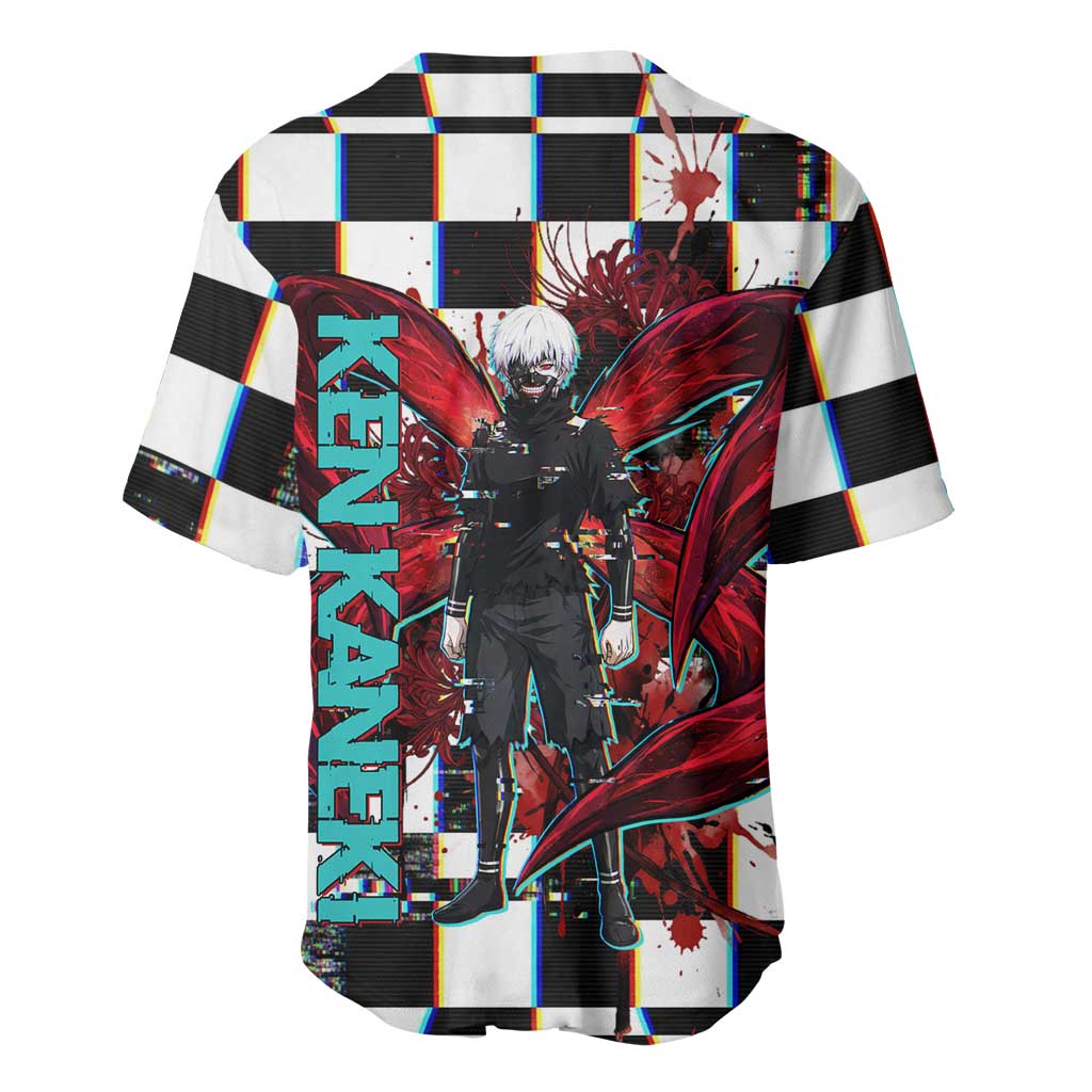 Tokyo Ghoul Kaneki Ken Baseball Jersey Glitchcore Anime Style with Dark Checker Pattern