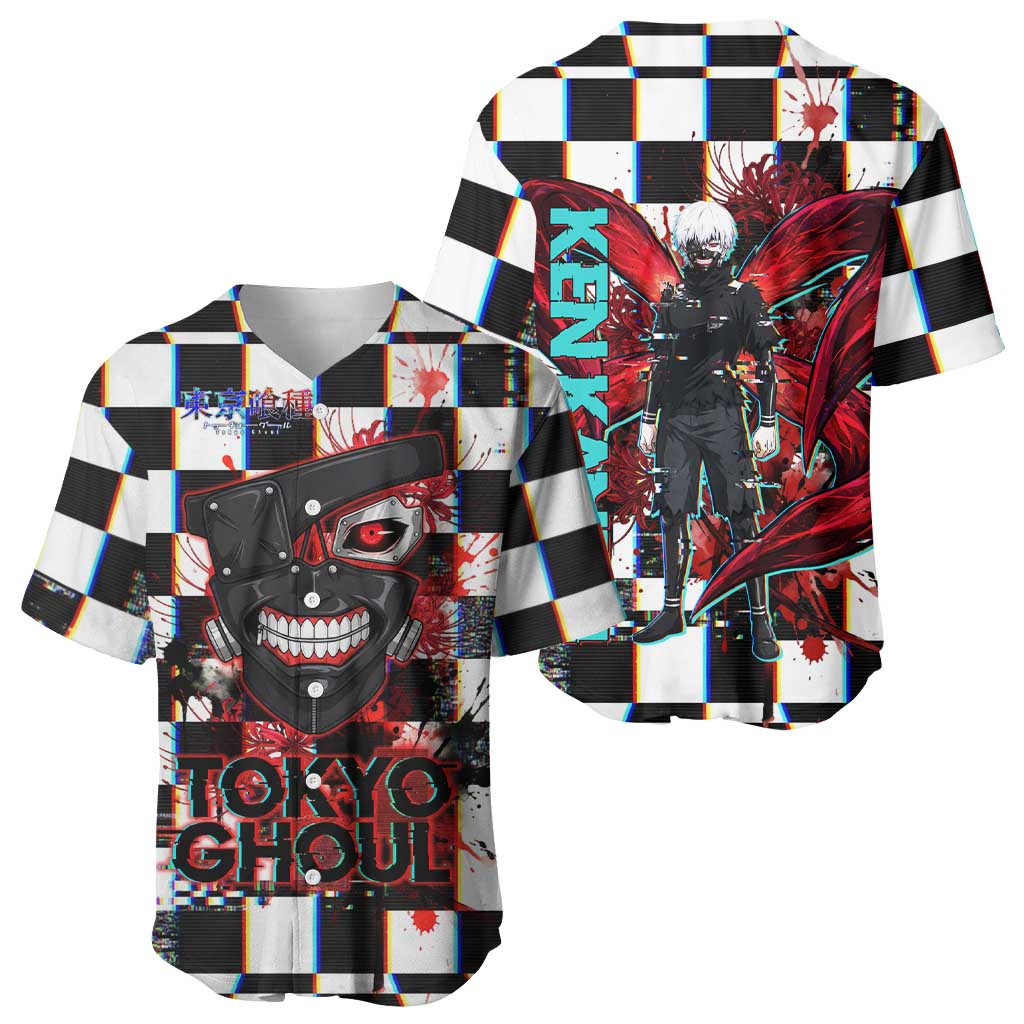 Tokyo Ghoul Kaneki Ken Baseball Jersey Glitchcore Anime Style with Dark Checker Pattern