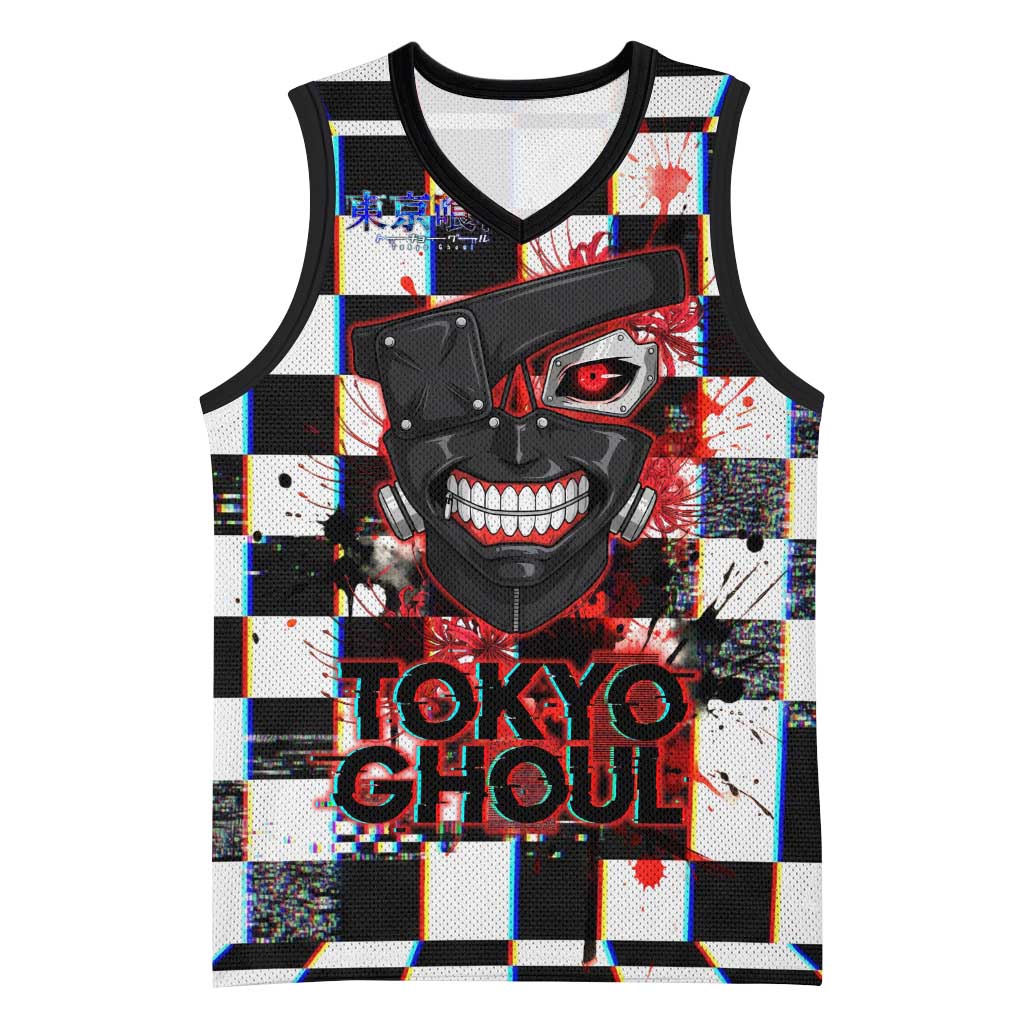 Tokyo Ghoul Kaneki Ken Basketball Jersey Glitchcore Anime Style with Dark Checker Pattern