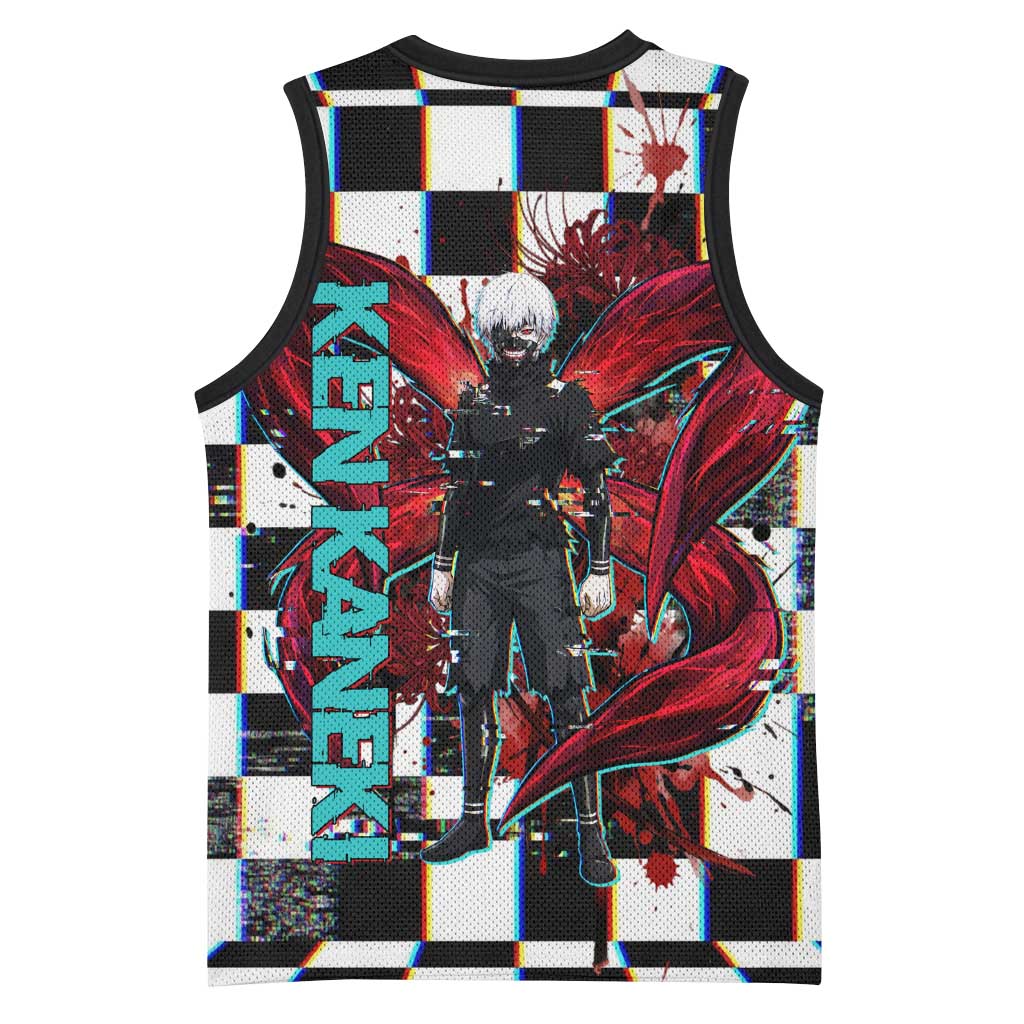 Tokyo Ghoul Kaneki Ken Basketball Jersey Glitchcore Anime Style with Dark Checker Pattern