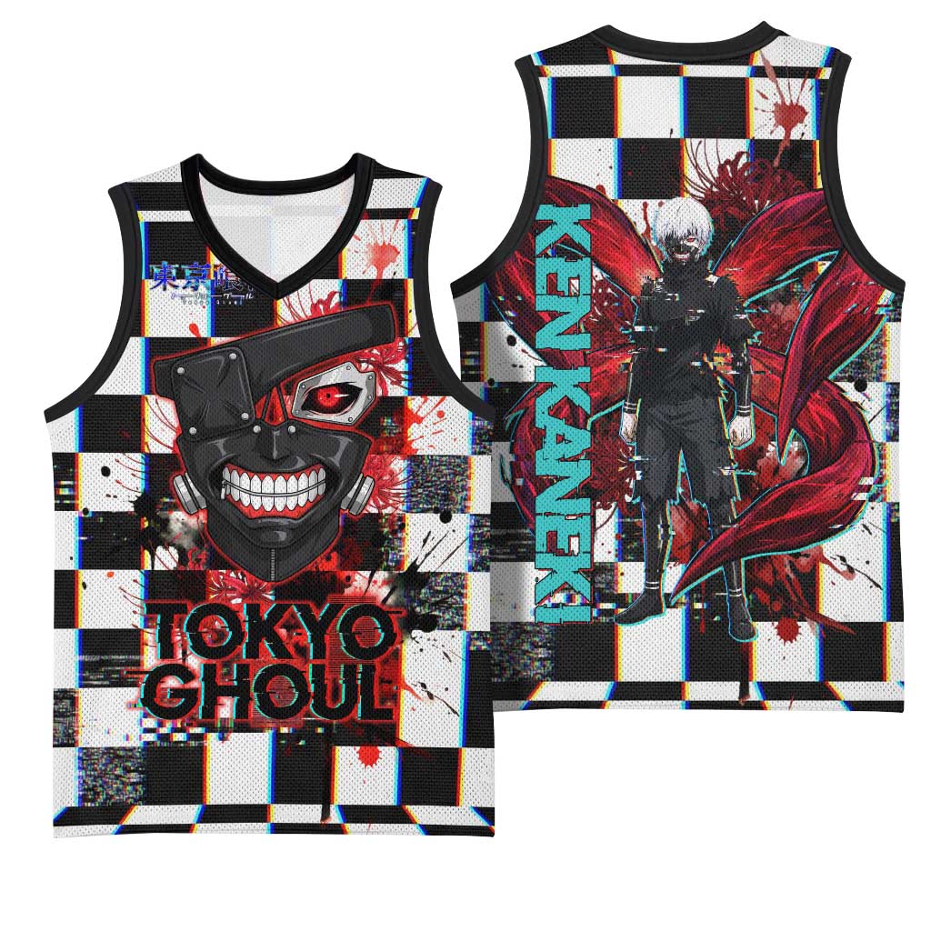 Tokyo Ghoul Kaneki Ken Basketball Jersey Glitchcore Anime Style with Dark Checker Pattern
