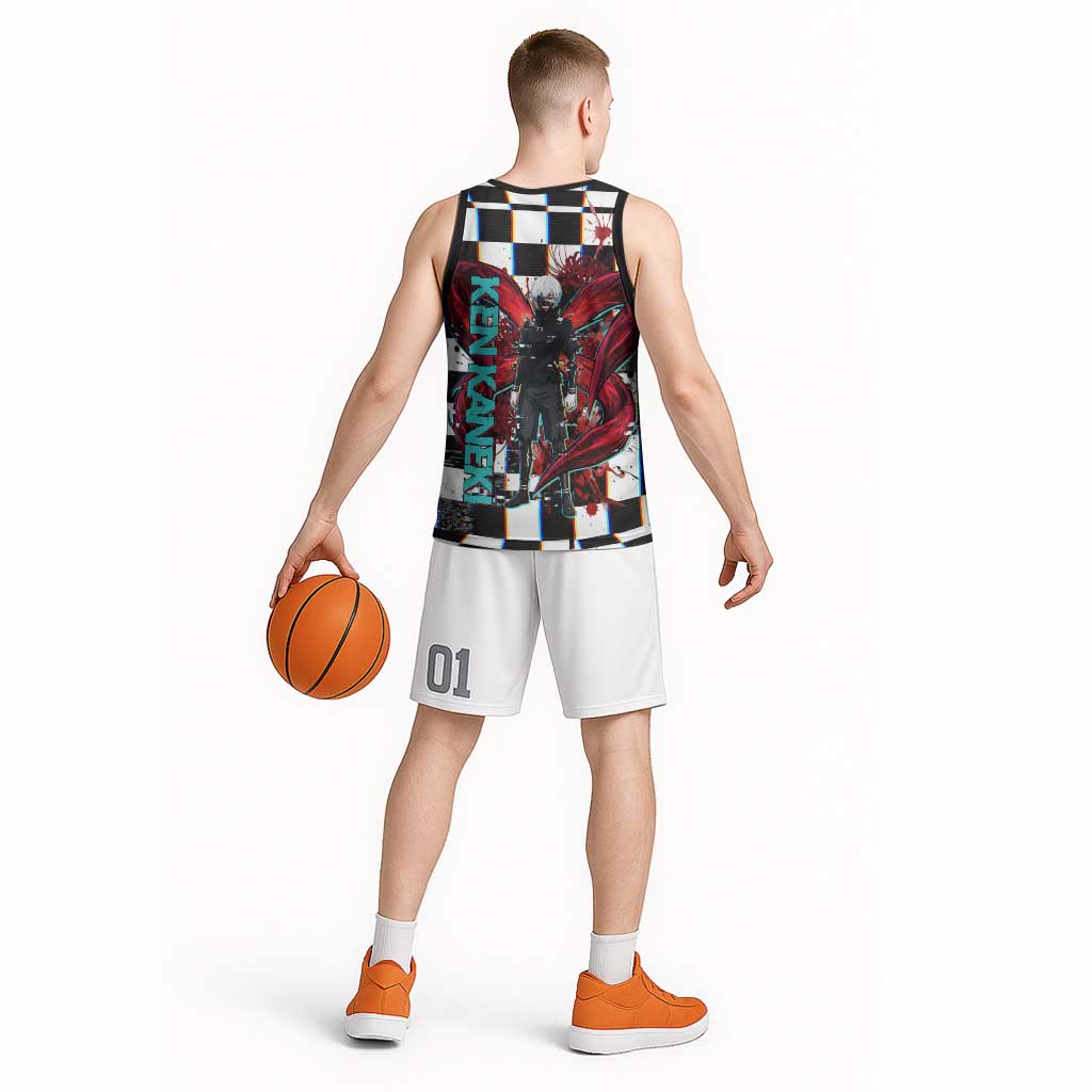 Tokyo Ghoul Kaneki Ken Basketball Jersey Glitchcore Anime Style with Dark Checker Pattern
