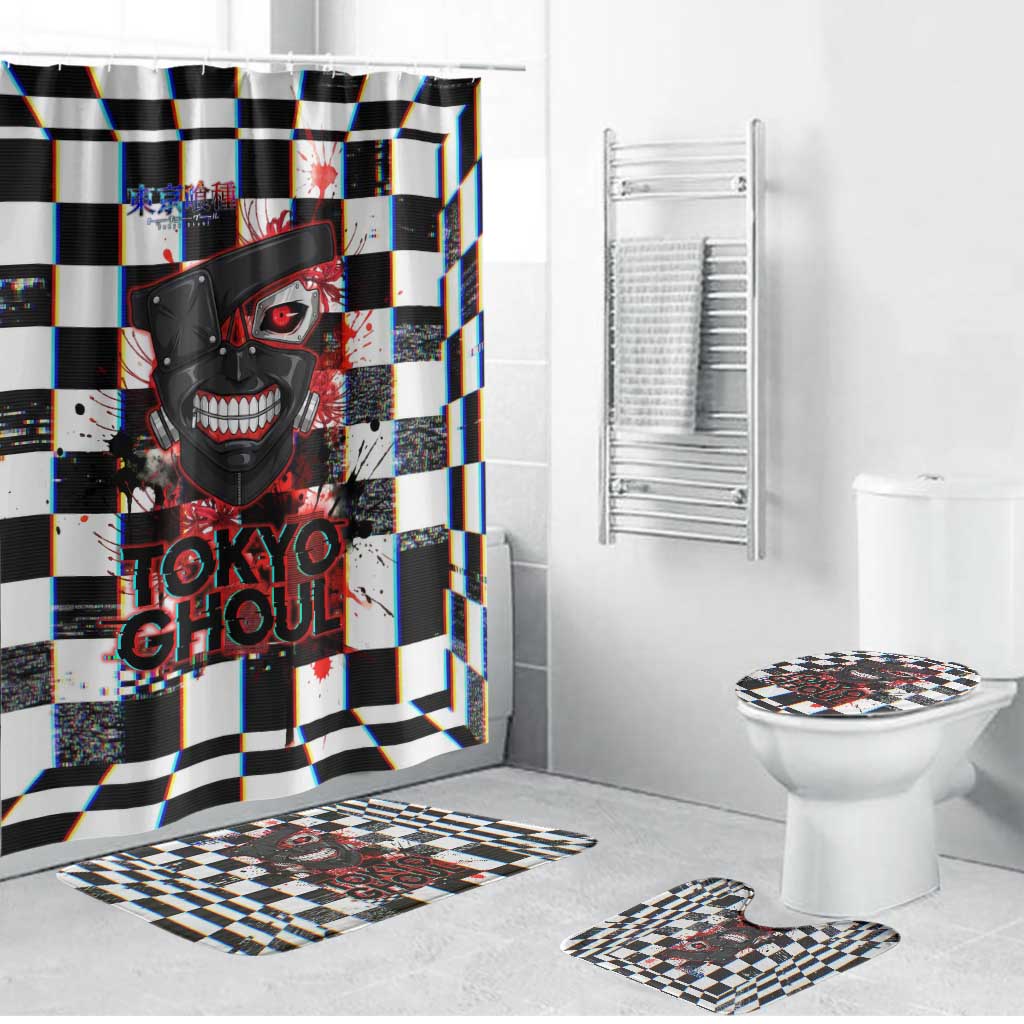 Tokyo Ghoul Kaneki Ken Bathroom Set Glitchcore Anime Style with Dark Checker Pattern