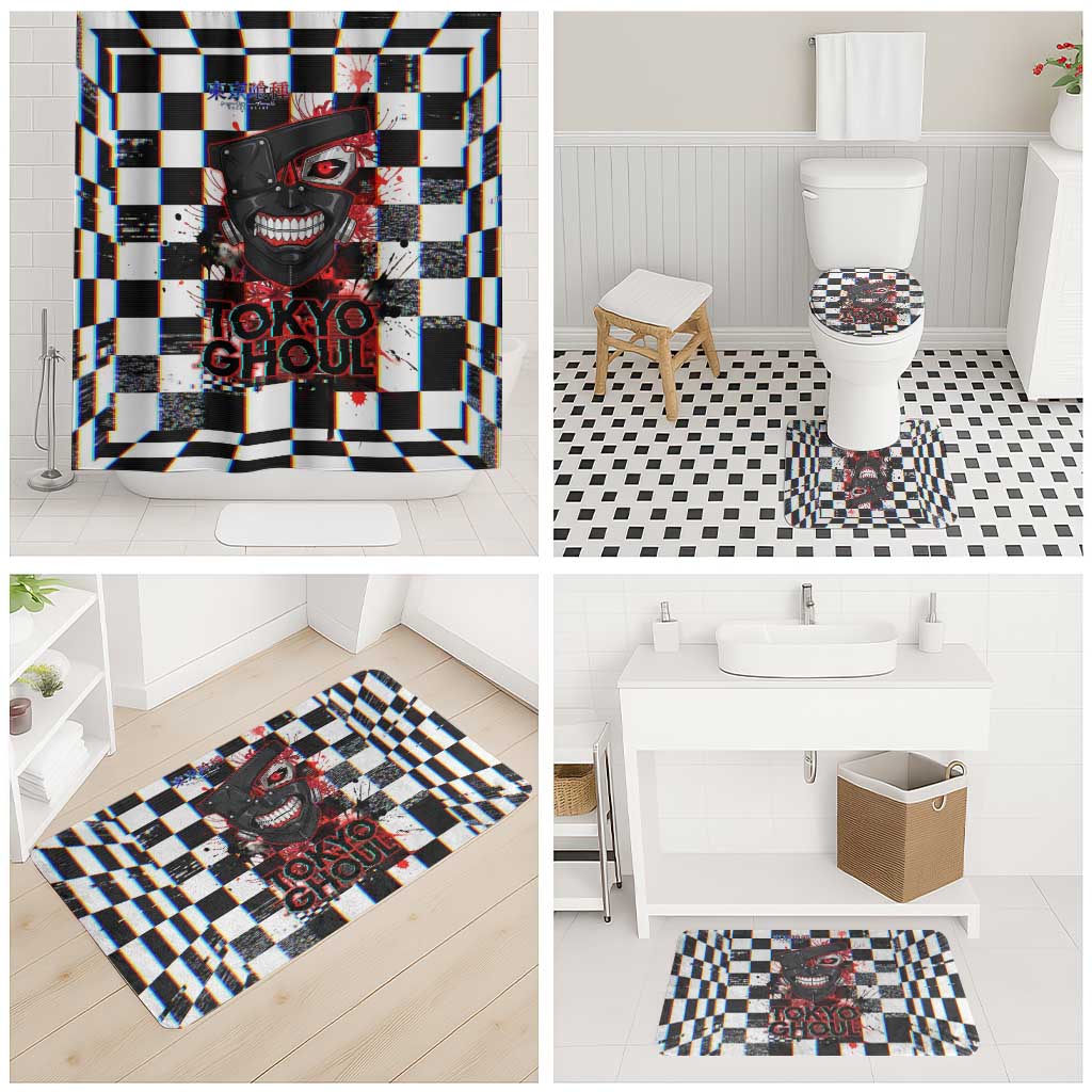 Tokyo Ghoul Kaneki Ken Bathroom Set Glitchcore Anime Style with Dark Checker Pattern