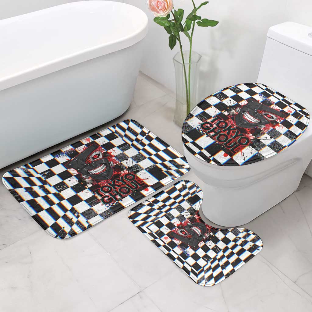 Tokyo Ghoul Kaneki Ken Bathroom Set Glitchcore Anime Style with Dark Checker Pattern