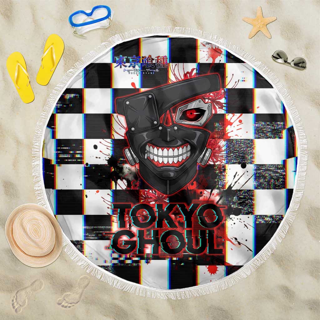Tokyo Ghoul Kaneki Ken Beach Blanket Glitchcore Anime Style with Dark Checker Pattern
