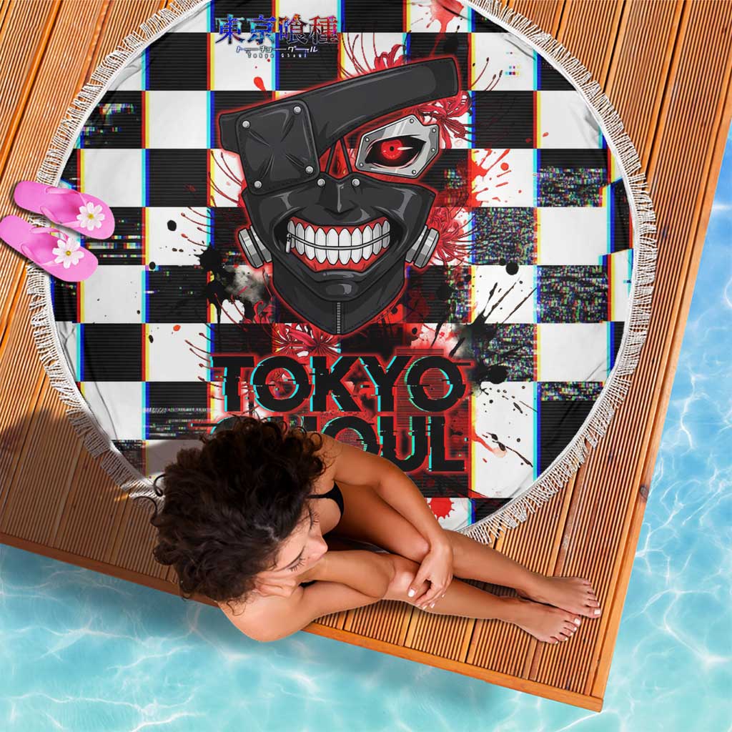 Tokyo Ghoul Kaneki Ken Beach Blanket Glitchcore Anime Style with Dark Checker Pattern