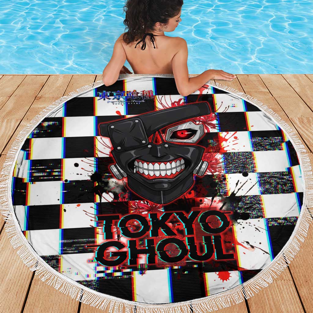 Tokyo Ghoul Kaneki Ken Beach Blanket Glitchcore Anime Style with Dark Checker Pattern
