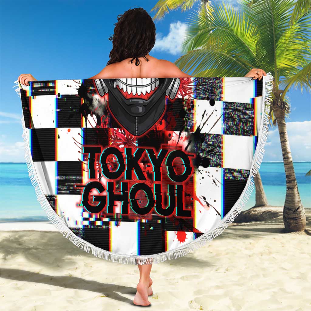 Tokyo Ghoul Kaneki Ken Beach Blanket Glitchcore Anime Style with Dark Checker Pattern