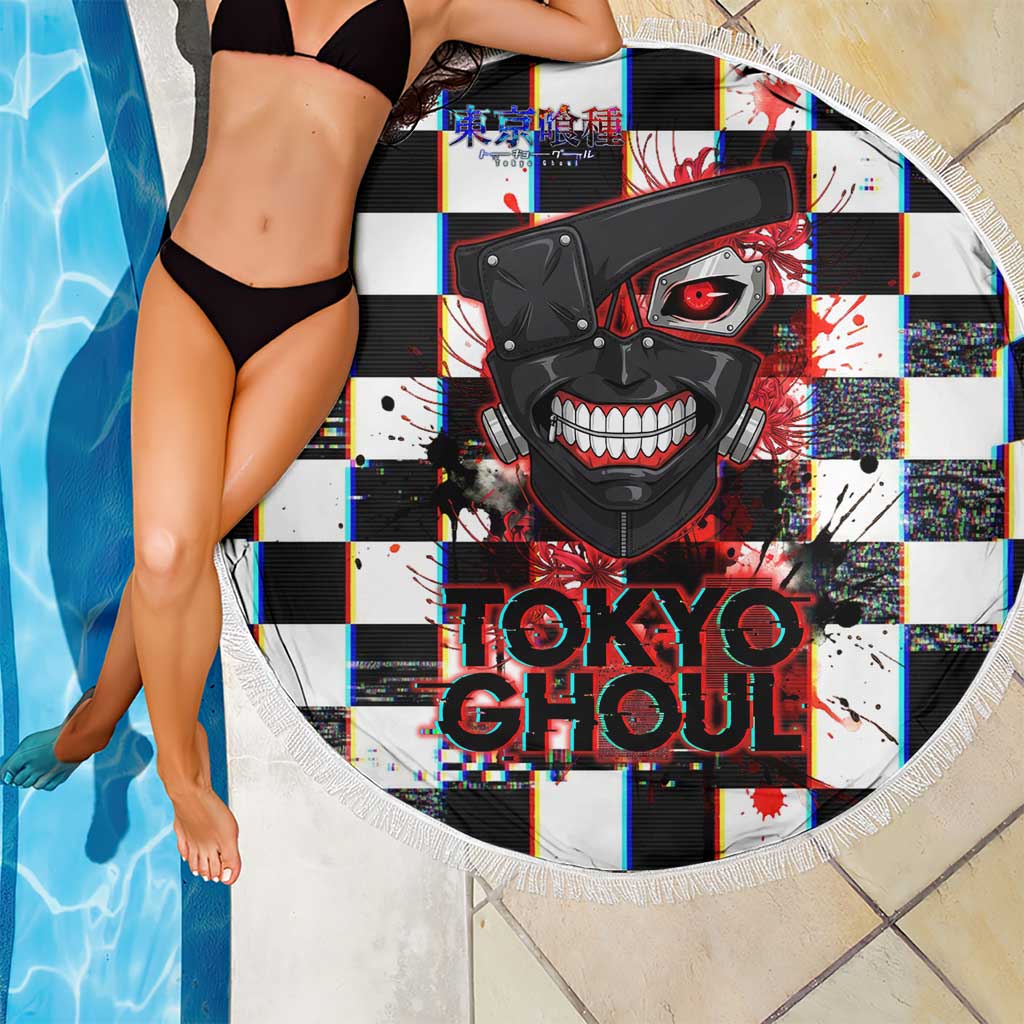 Tokyo Ghoul Kaneki Ken Beach Blanket Glitchcore Anime Style with Dark Checker Pattern