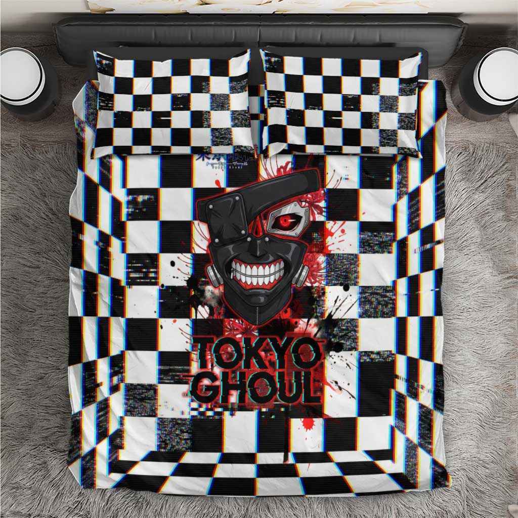 Tokyo Ghoul Kaneki Ken Bedding Set Glitchcore Anime Style with Dark Checker Pattern