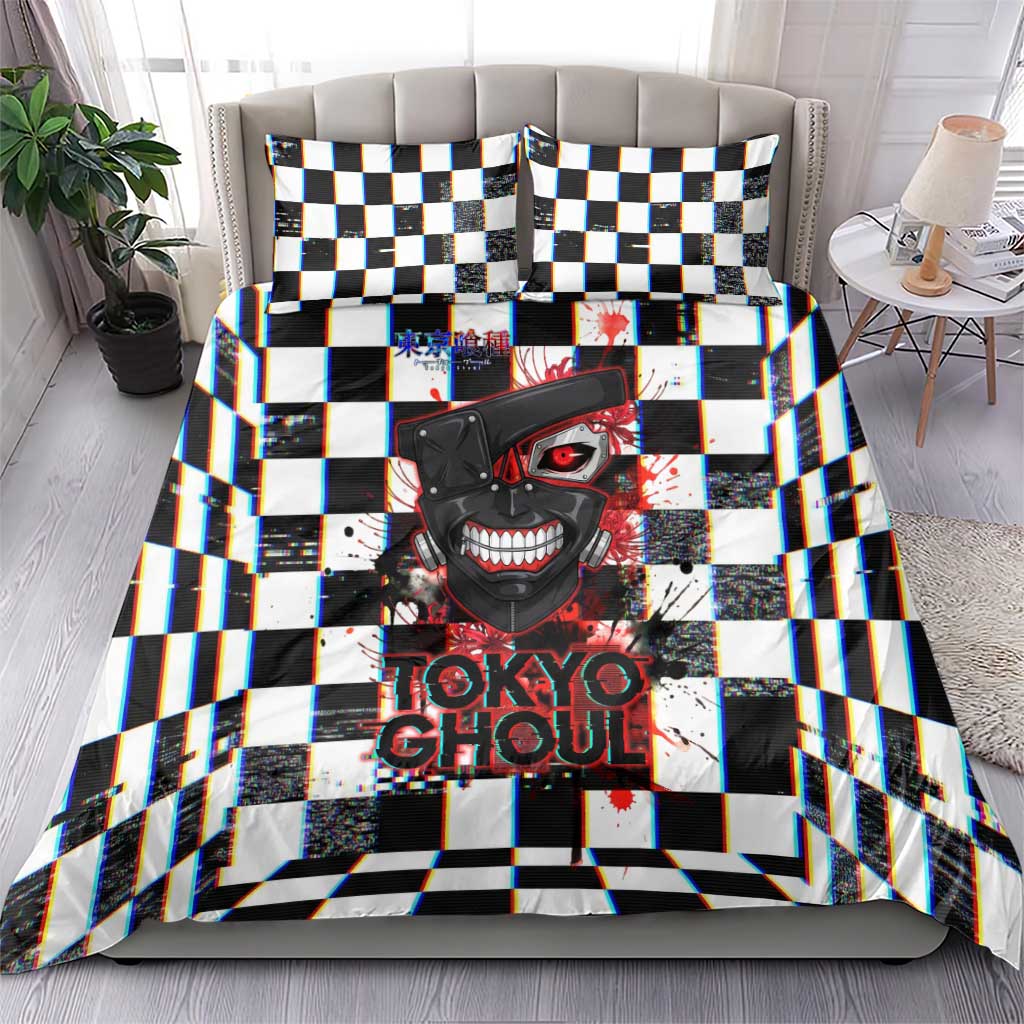 Tokyo Ghoul Kaneki Ken Bedding Set Glitchcore Anime Style with Dark Checker Pattern