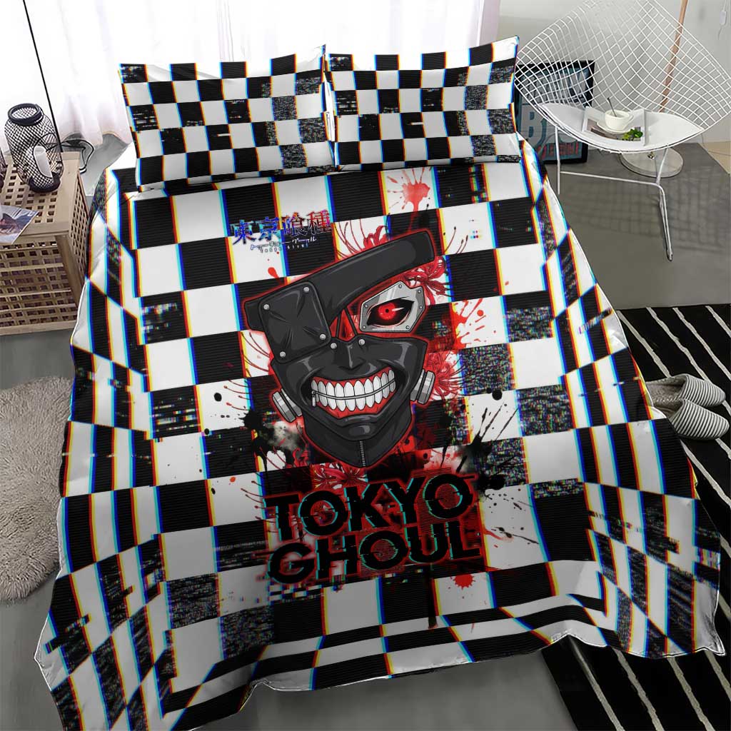 Tokyo Ghoul Kaneki Ken Bedding Set Glitchcore Anime Style with Dark Checker Pattern