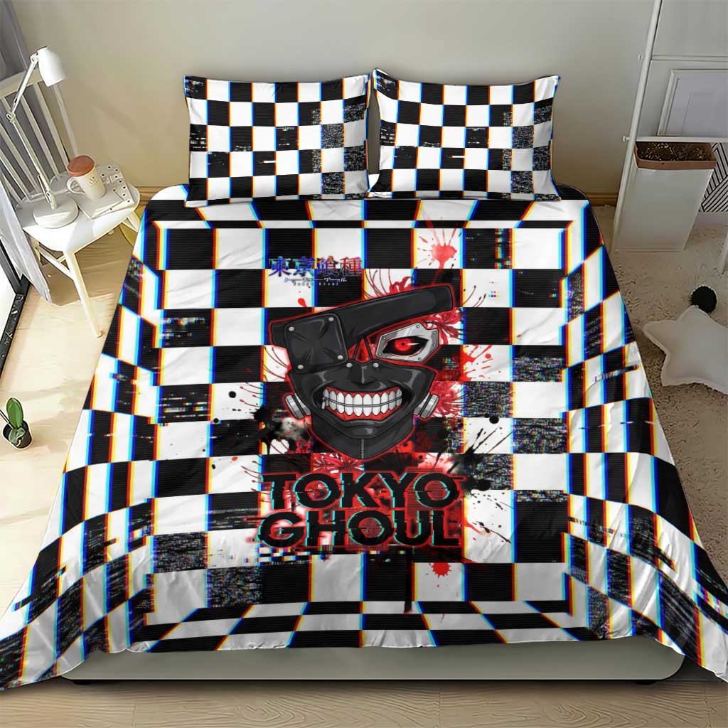 Tokyo Ghoul Kaneki Ken Bedding Set Glitchcore Anime Style with Dark Checker Pattern