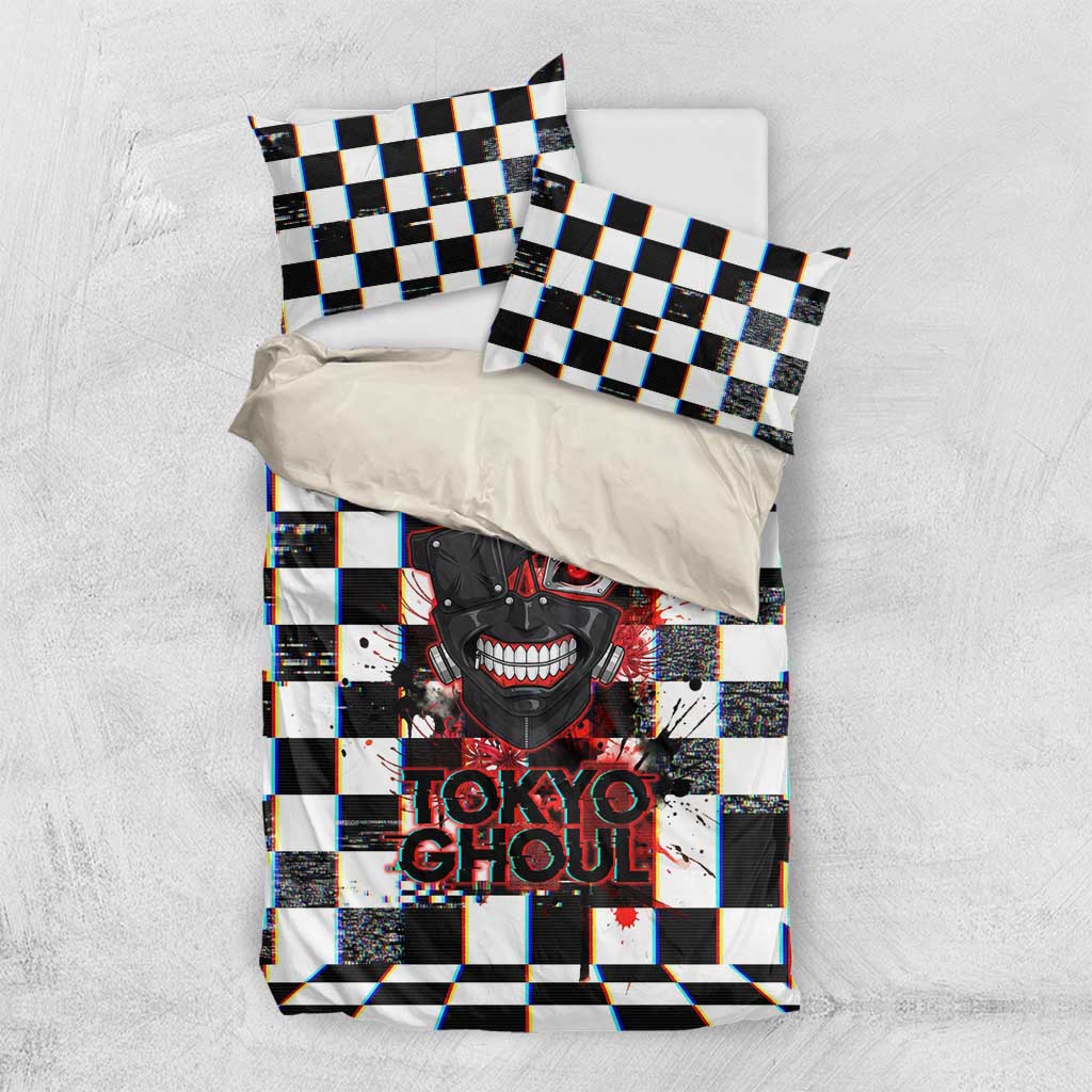 Tokyo Ghoul Kaneki Ken Bedding Set Glitchcore Anime Style with Dark Checker Pattern