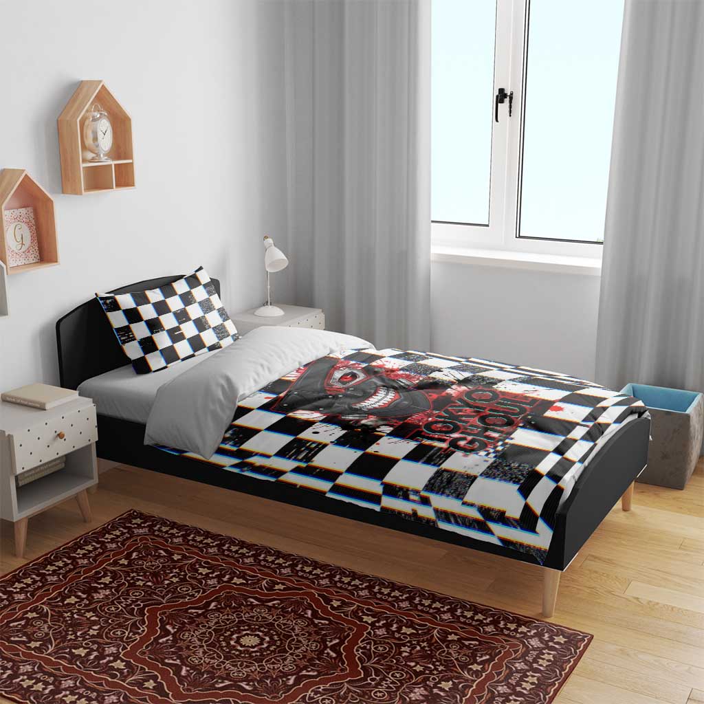 Tokyo Ghoul Kaneki Ken Bedding Set Glitchcore Anime Style with Dark Checker Pattern