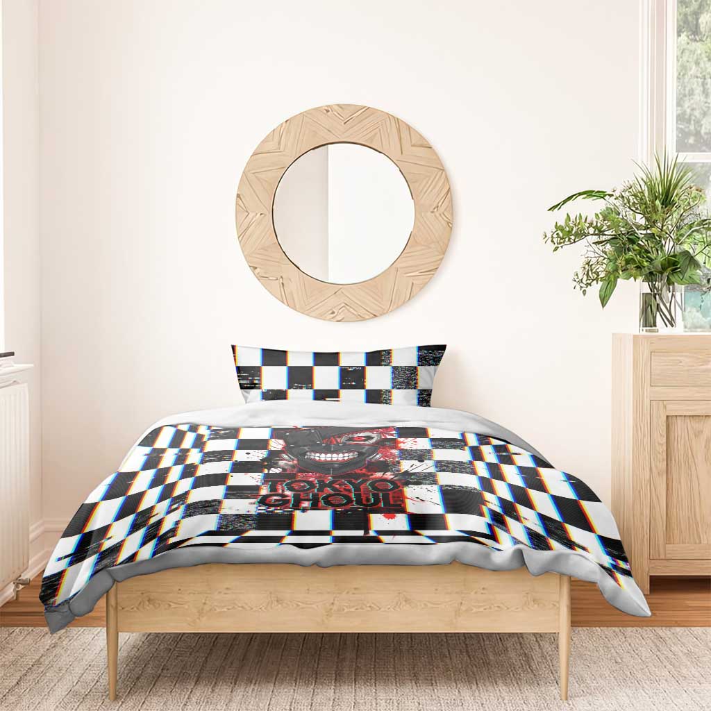 Tokyo Ghoul Kaneki Ken Bedding Set Glitchcore Anime Style with Dark Checker Pattern