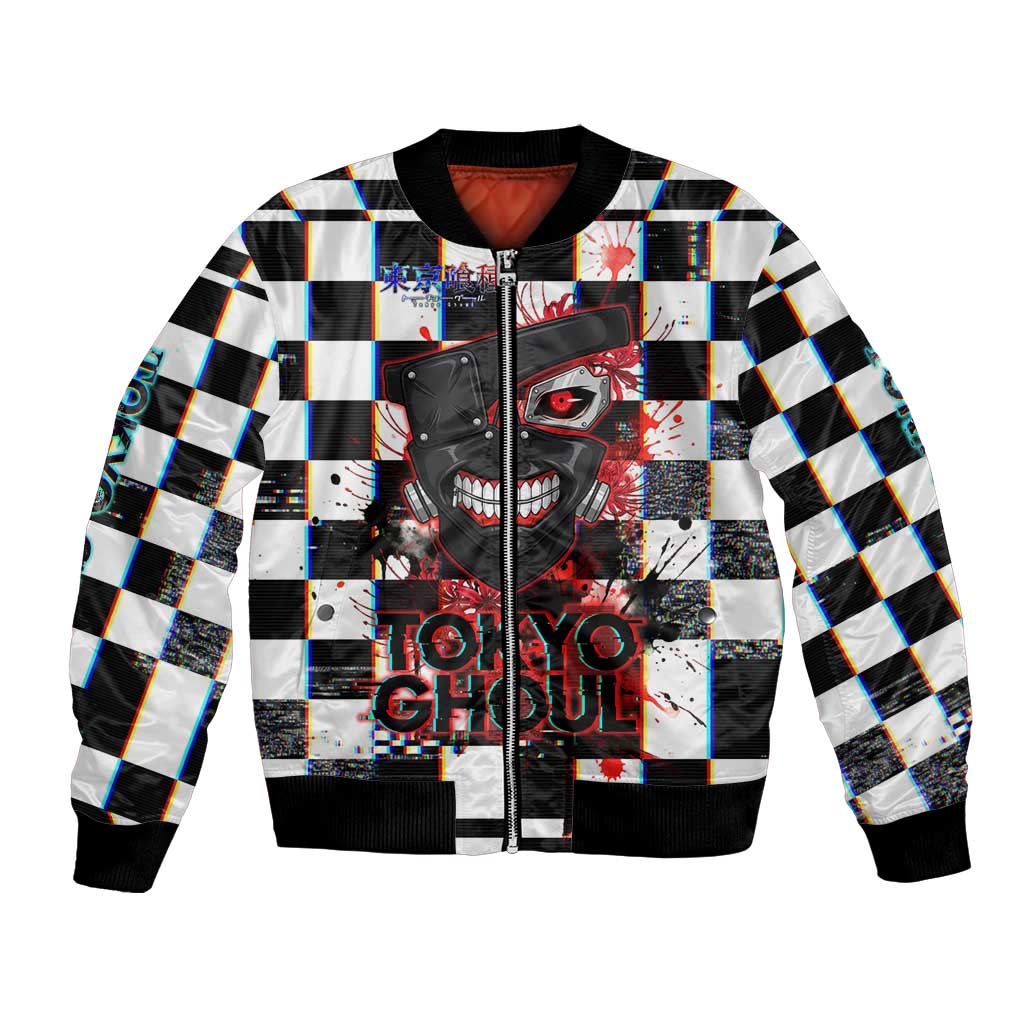 Tokyo Ghoul Kaneki Ken Bomber Jacket Glitchcore Anime Style with Dark Checker Pattern