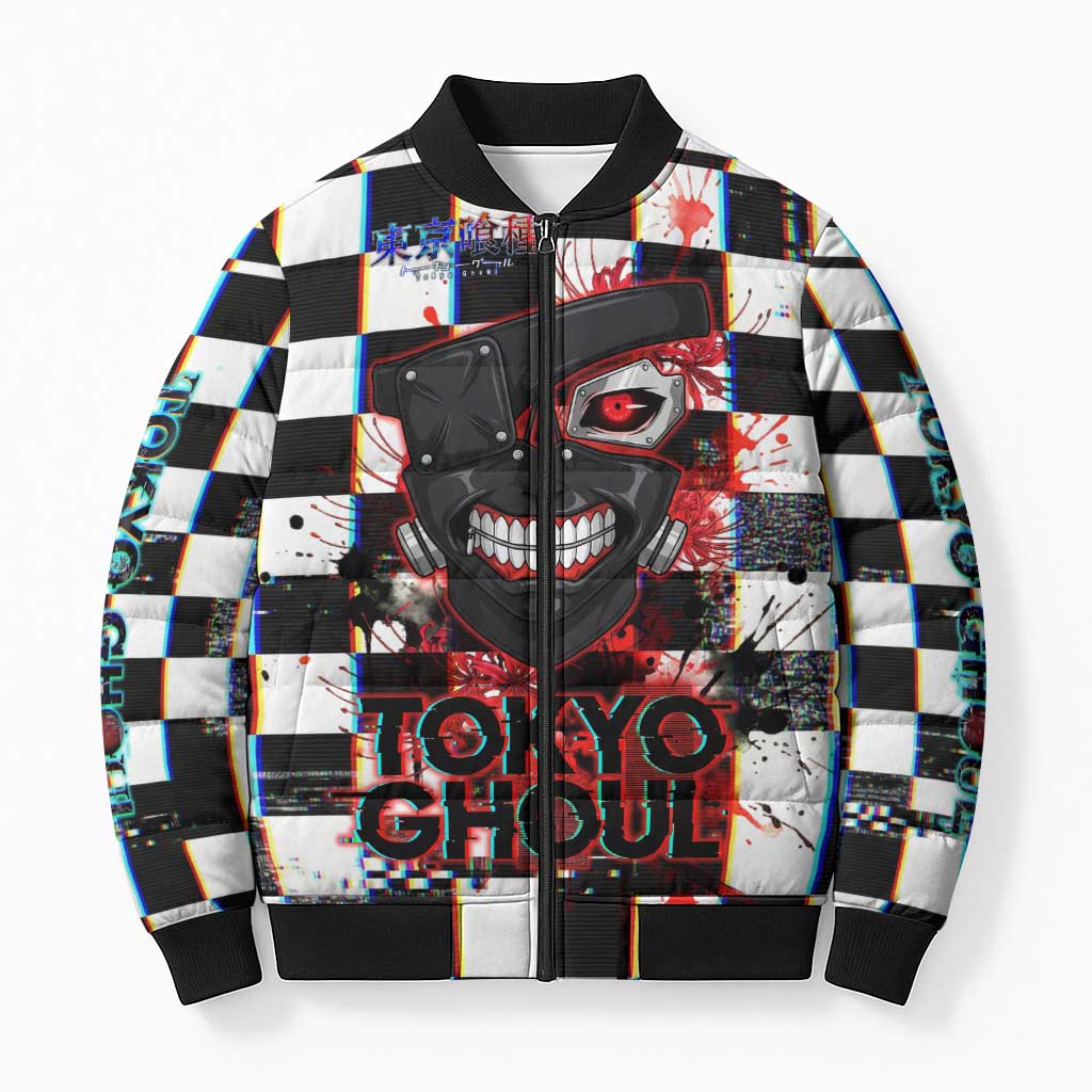 Tokyo Ghoul Kaneki Ken Bomber Puffer Jacket Glitchcore Anime Style with Dark Checker Pattern
