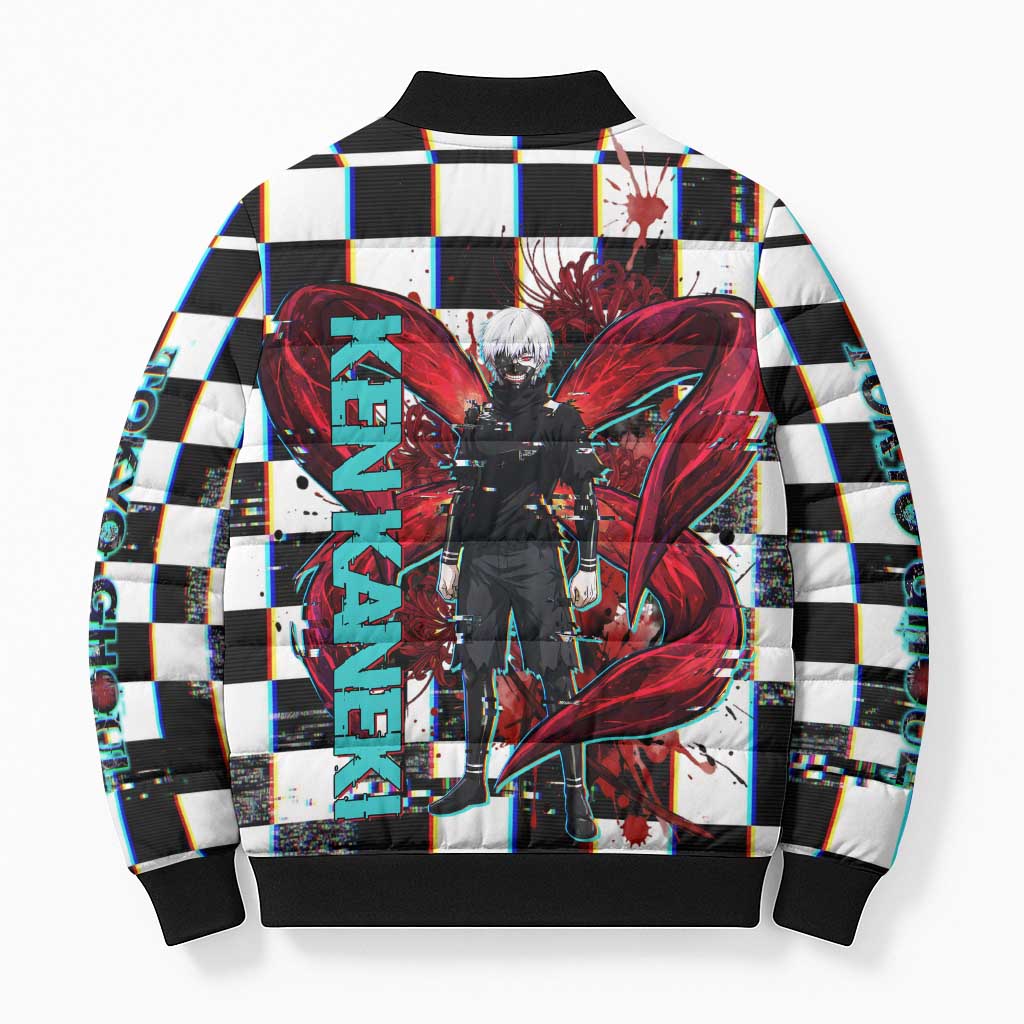 Tokyo Ghoul Kaneki Ken Bomber Puffer Jacket Glitchcore Anime Style with Dark Checker Pattern