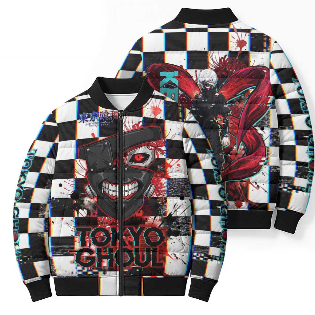 Tokyo Ghoul Kaneki Ken Bomber Puffer Jacket Glitchcore Anime Style with Dark Checker Pattern