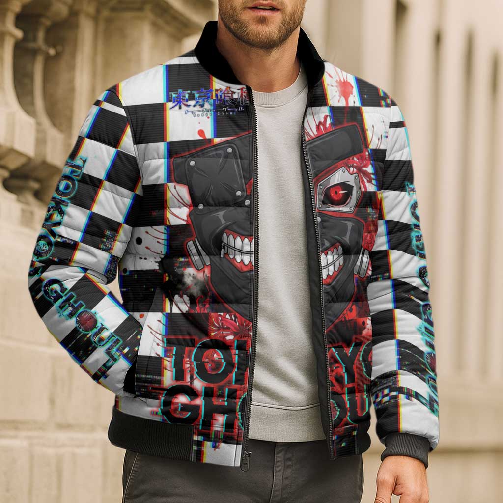 Tokyo Ghoul Kaneki Ken Bomber Puffer Jacket Glitchcore Anime Style with Dark Checker Pattern