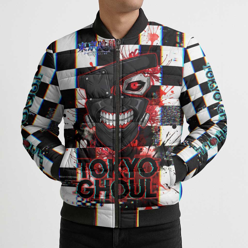 Tokyo Ghoul Kaneki Ken Bomber Puffer Jacket Glitchcore Anime Style with Dark Checker Pattern