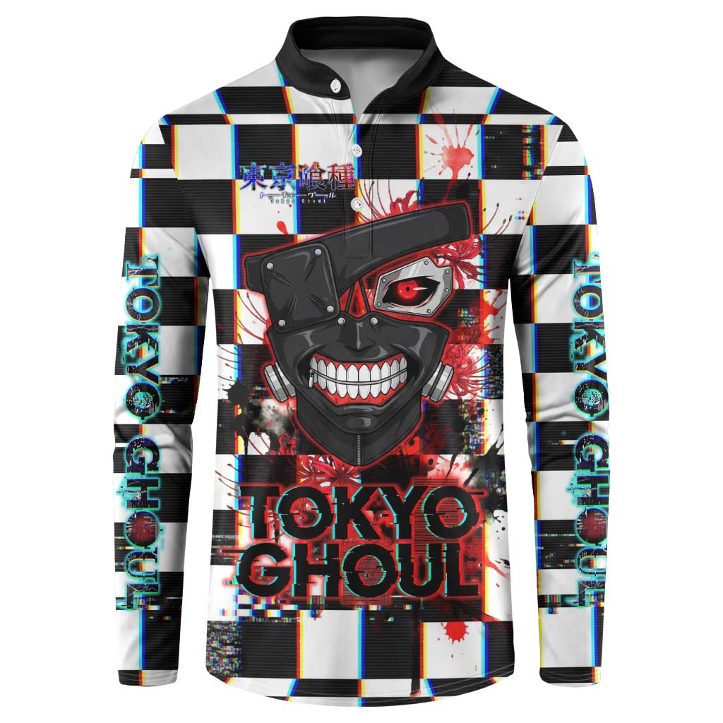 Tokyo Ghoul Kaneki Ken Button Sweatshirt Glitchcore Anime Style with Dark Checker Pattern