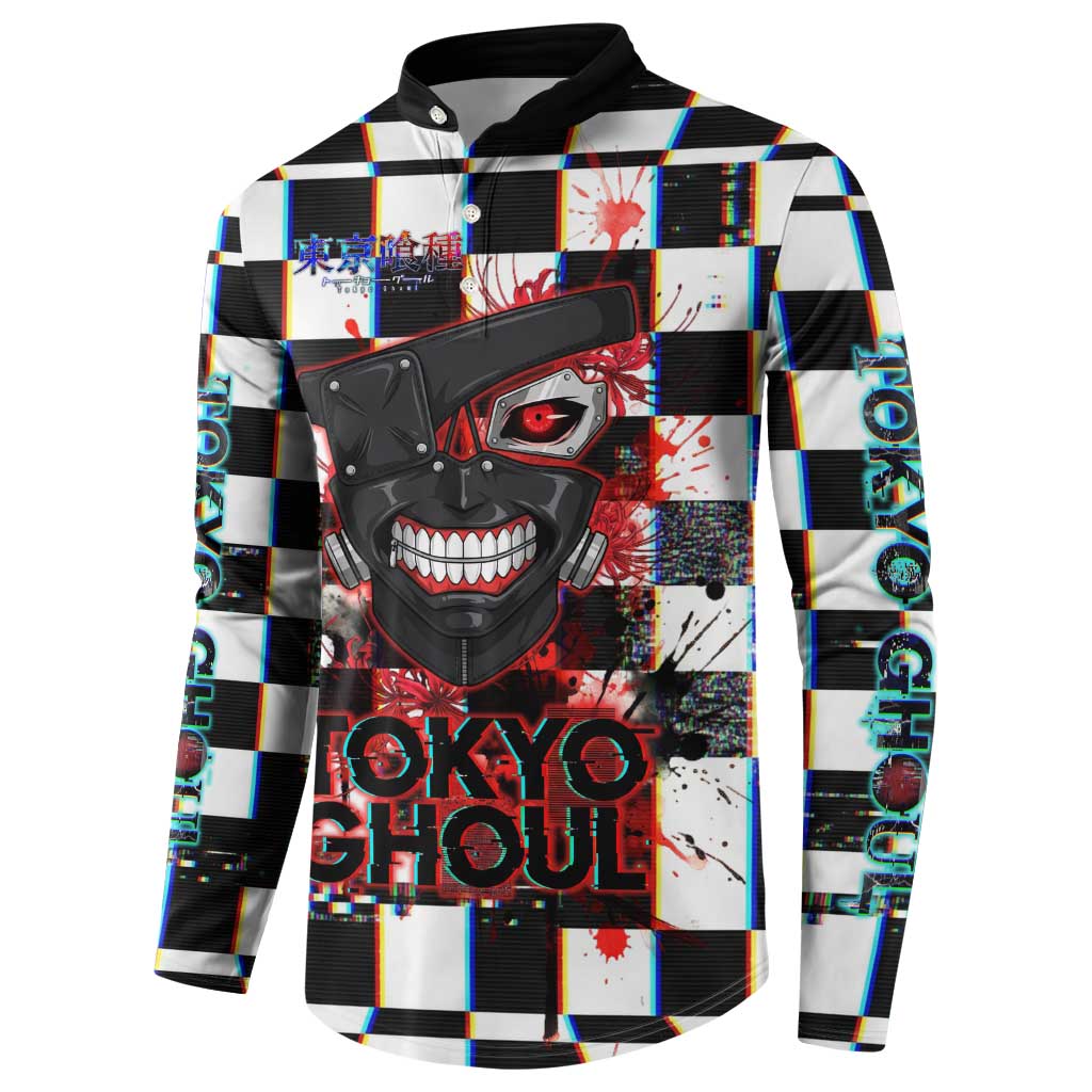 Tokyo Ghoul Kaneki Ken Button Sweatshirt Glitchcore Anime Style with Dark Checker Pattern