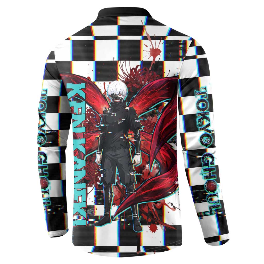 Tokyo Ghoul Kaneki Ken Button Sweatshirt Glitchcore Anime Style with Dark Checker Pattern