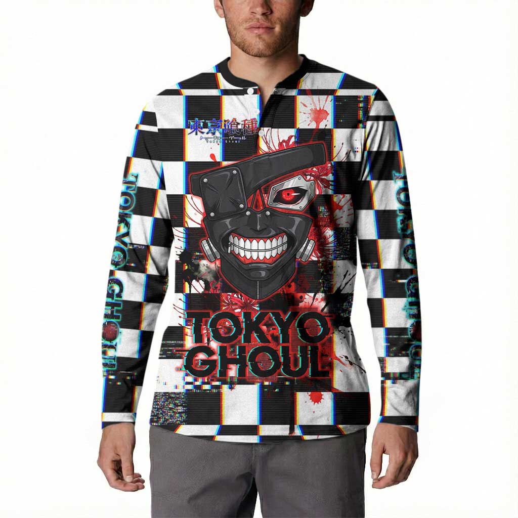 Tokyo Ghoul Kaneki Ken Button Sweatshirt Glitchcore Anime Style with Dark Checker Pattern