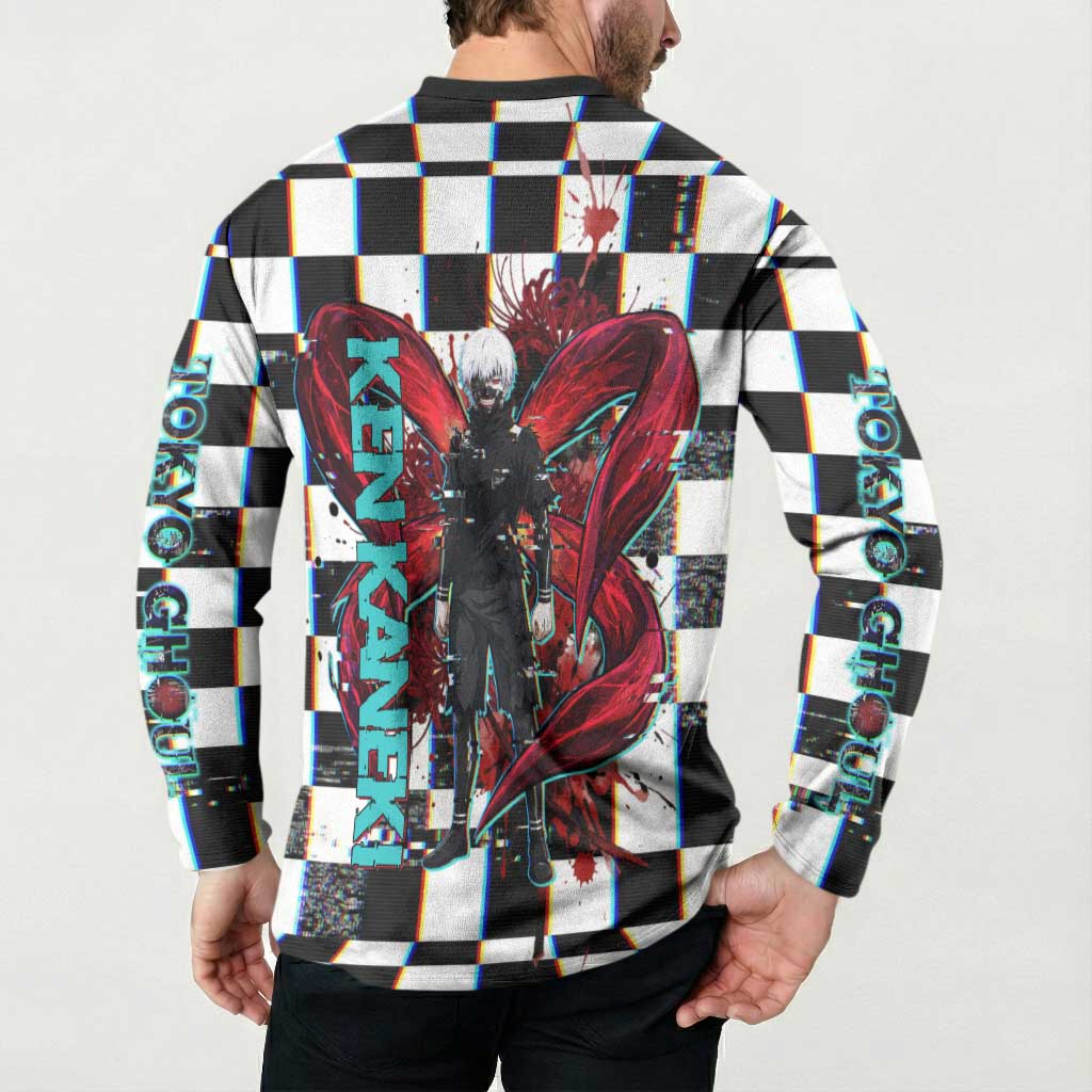 Tokyo Ghoul Kaneki Ken Button Sweatshirt Glitchcore Anime Style with Dark Checker Pattern