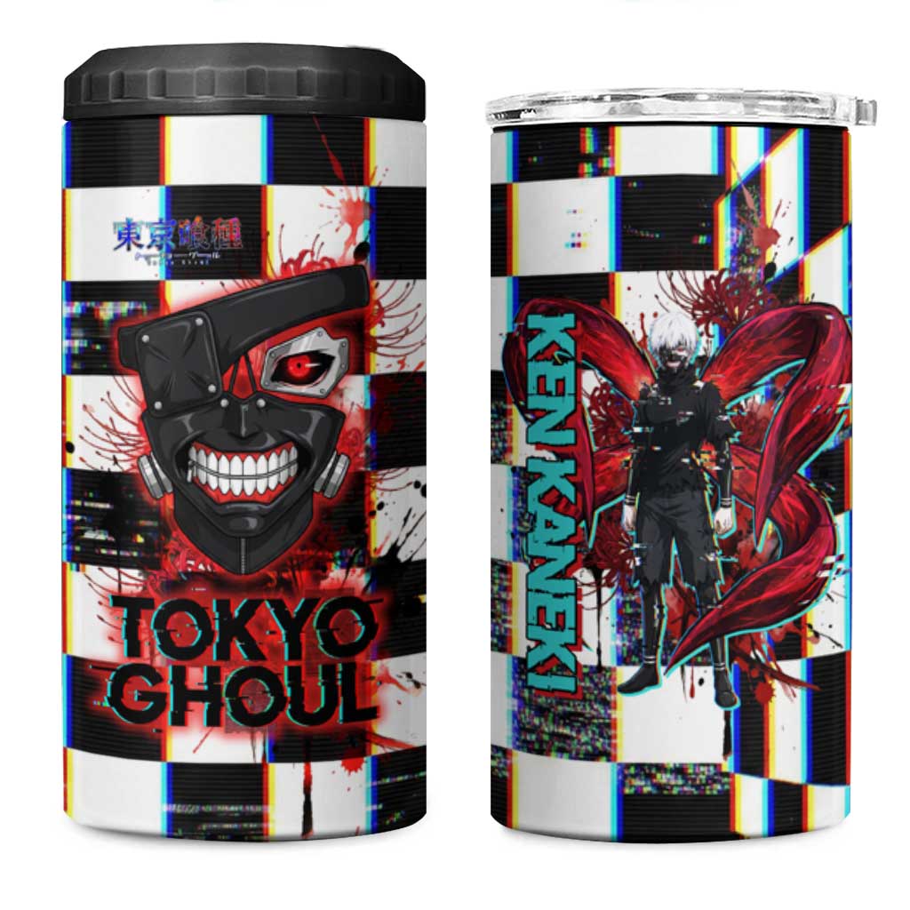 Tokyo Ghoul Kaneki Ken 4 in 1 Can Cooler Tumbler Glitchcore Anime Style with Dark Checker Pattern