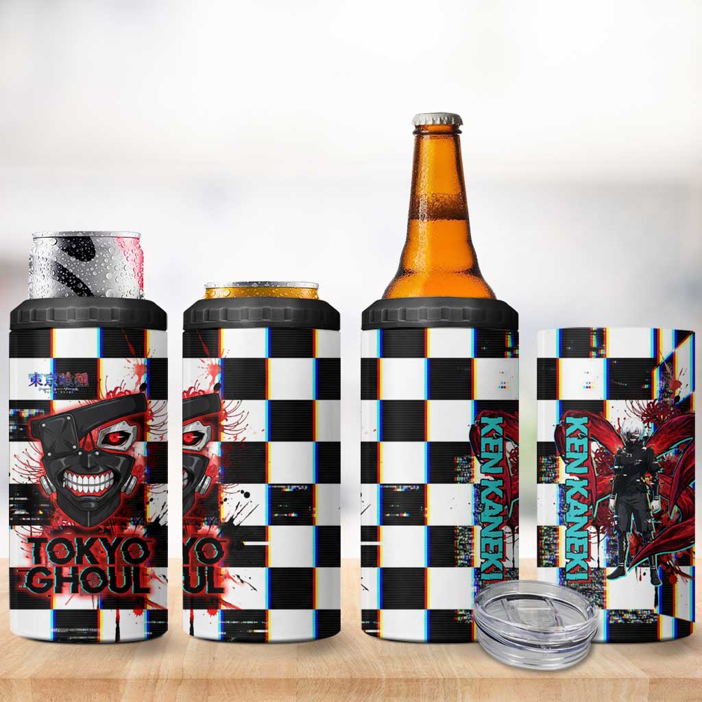 Tokyo Ghoul Kaneki Ken 4 in 1 Can Cooler Tumbler Glitchcore Anime Style with Dark Checker Pattern