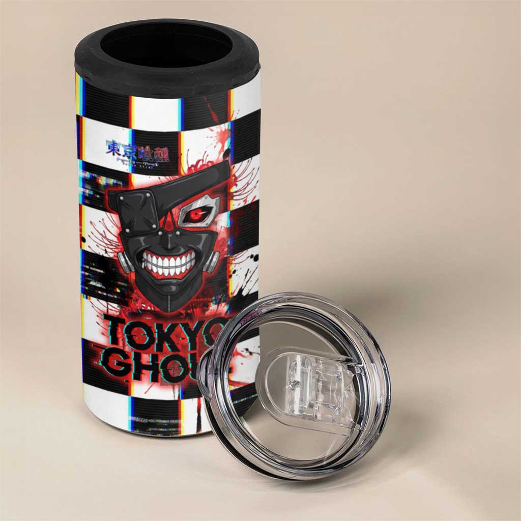 Tokyo Ghoul Kaneki Ken 4 in 1 Can Cooler Tumbler Glitchcore Anime Style with Dark Checker Pattern