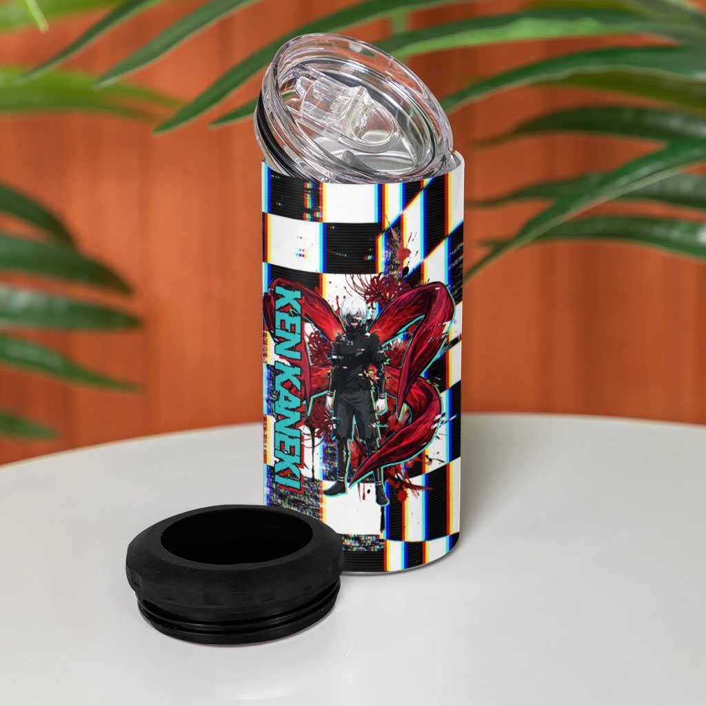 Tokyo Ghoul Kaneki Ken 4 in 1 Can Cooler Tumbler Glitchcore Anime Style with Dark Checker Pattern