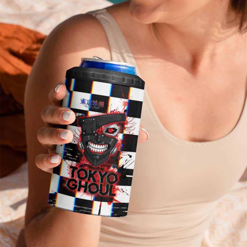 Tokyo Ghoul Kaneki Ken 4 in 1 Can Cooler Tumbler Glitchcore Anime Style with Dark Checker Pattern