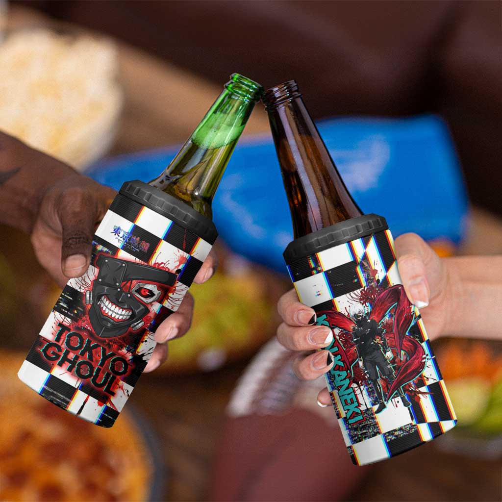 Tokyo Ghoul Kaneki Ken 4 in 1 Can Cooler Tumbler Glitchcore Anime Style with Dark Checker Pattern