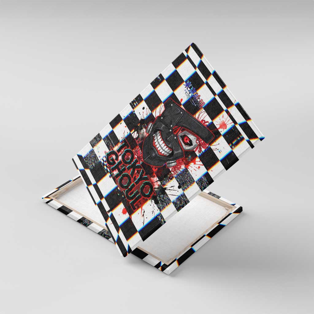 Tokyo Ghoul Kaneki Ken Canvas Wall Art Glitchcore Anime Style with Dark Checker Pattern