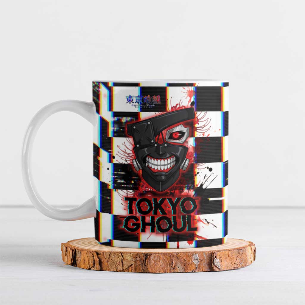 Tokyo Ghoul Kaneki Ken Ceramic Mug Glitchcore Anime Style with Dark Checker Pattern