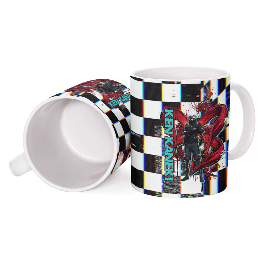 Tokyo Ghoul Kaneki Ken Ceramic Mug Glitchcore Anime Style with Dark Checker Pattern