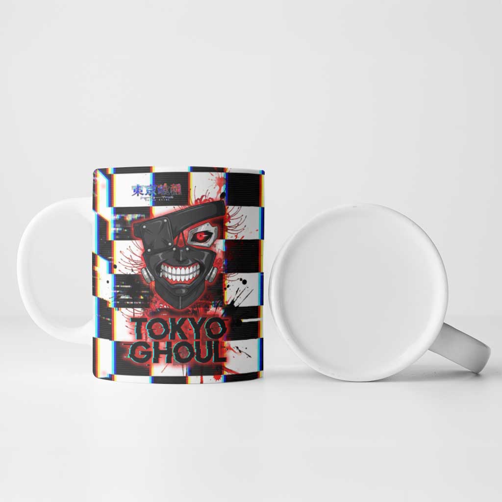 Tokyo Ghoul Kaneki Ken Ceramic Mug Glitchcore Anime Style with Dark Checker Pattern