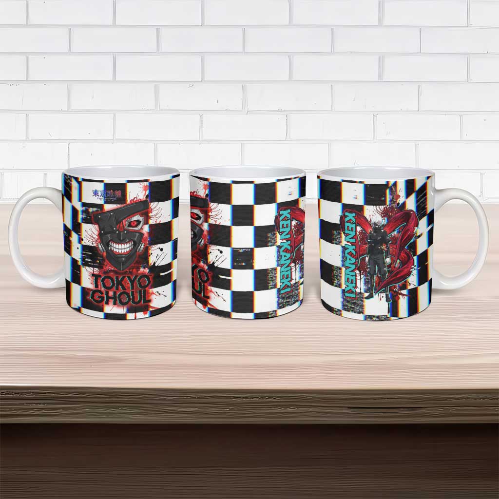 Tokyo Ghoul Kaneki Ken Ceramic Mug Glitchcore Anime Style with Dark Checker Pattern