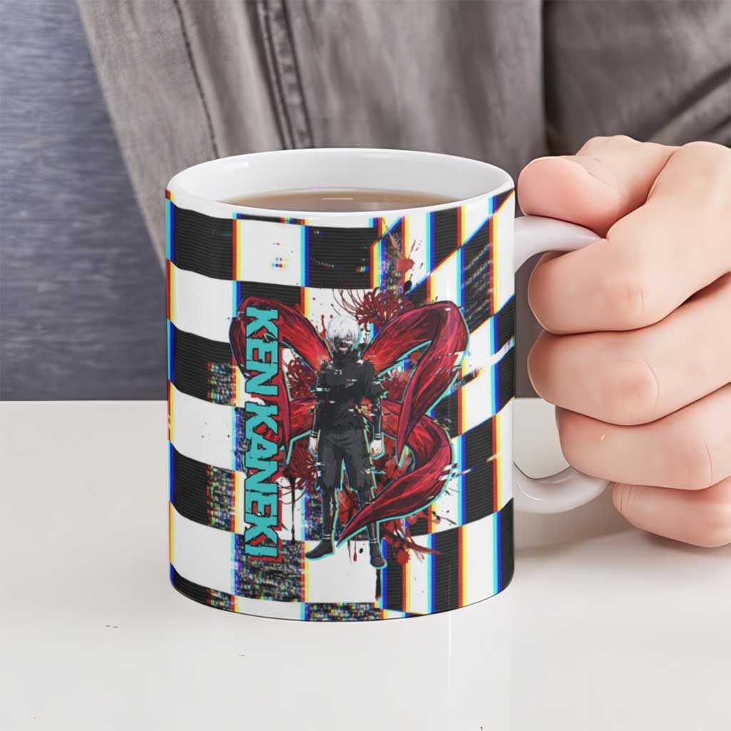 Tokyo Ghoul Kaneki Ken Ceramic Mug Glitchcore Anime Style with Dark Checker Pattern