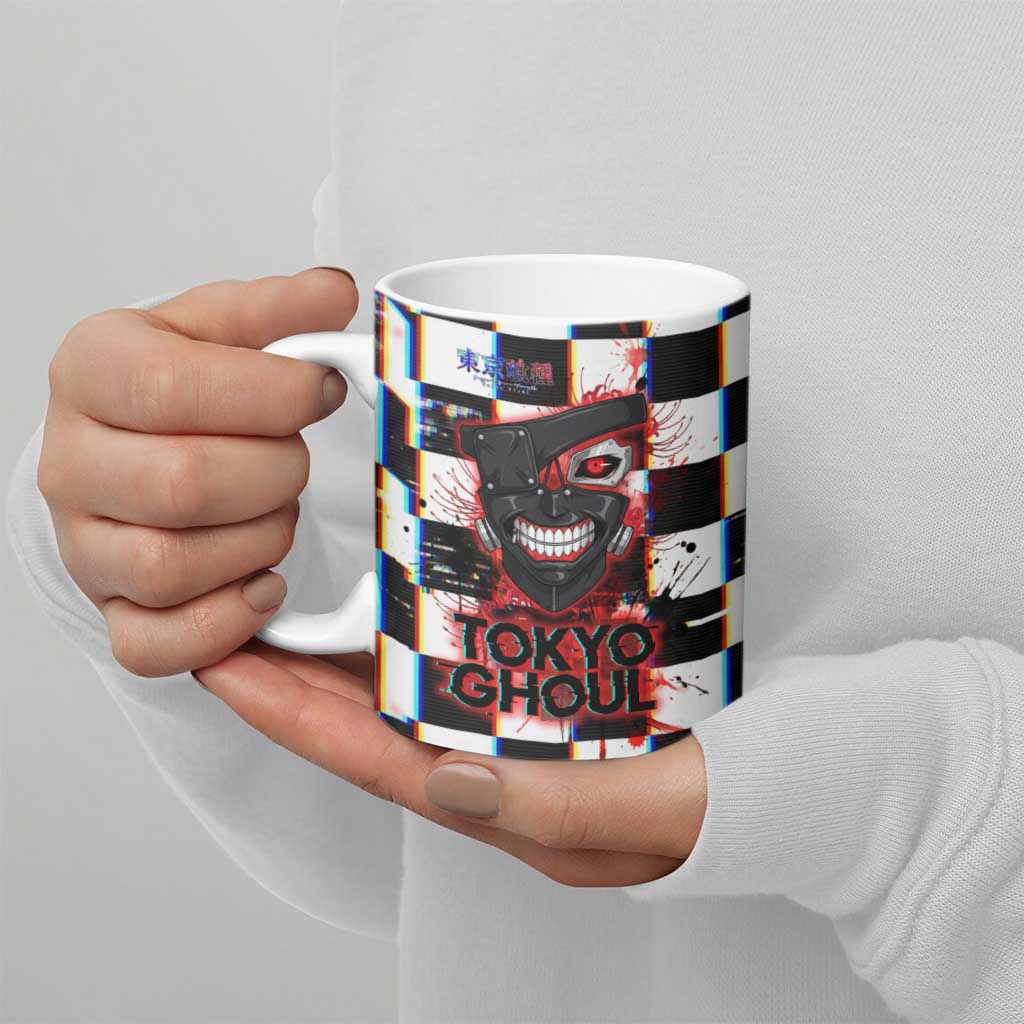 Tokyo Ghoul Kaneki Ken Ceramic Mug Glitchcore Anime Style with Dark Checker Pattern