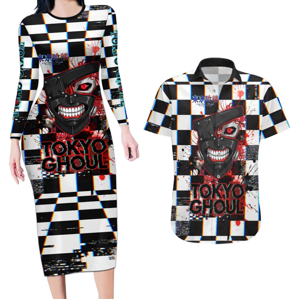 Tokyo Ghoul Kaneki Ken Couples Matching Long Sleeve Bodycon Dress and Hawaiian Shirt Glitchcore Anime Style with Dark Checker Pattern