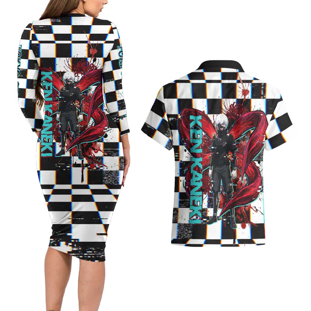 Tokyo Ghoul Kaneki Ken Couples Matching Long Sleeve Bodycon Dress and Hawaiian Shirt Glitchcore Anime Style with Dark Checker Pattern