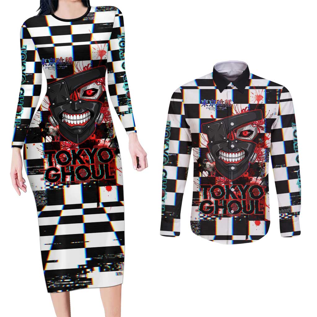 Tokyo Ghoul Kaneki Ken Couples Matching Long Sleeve Bodycon Dress and Long Sleeve Button Shirt Glitchcore Anime Style with Dark Checker Pattern