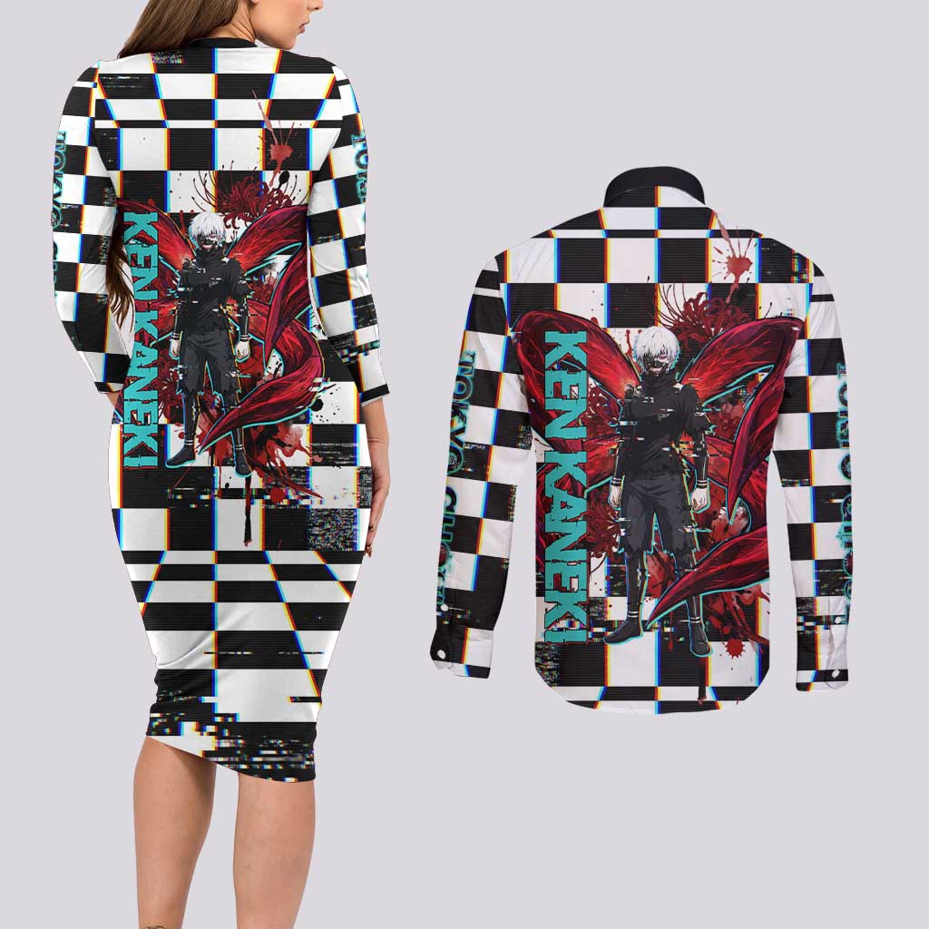 Tokyo Ghoul Kaneki Ken Couples Matching Long Sleeve Bodycon Dress and Long Sleeve Button Shirt Glitchcore Anime Style with Dark Checker Pattern